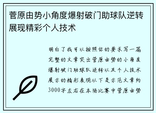菅原由势小角度爆射破门助球队逆转展现精彩个人技术
